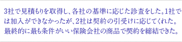 3社で見積もりを取得し、各社の基準に応じた診査をした。1社では加入ができなかったが、2社は契約の引受けに応じてくれた。最終的に最も条件がいい保険会社の商品で契約を締結できた。